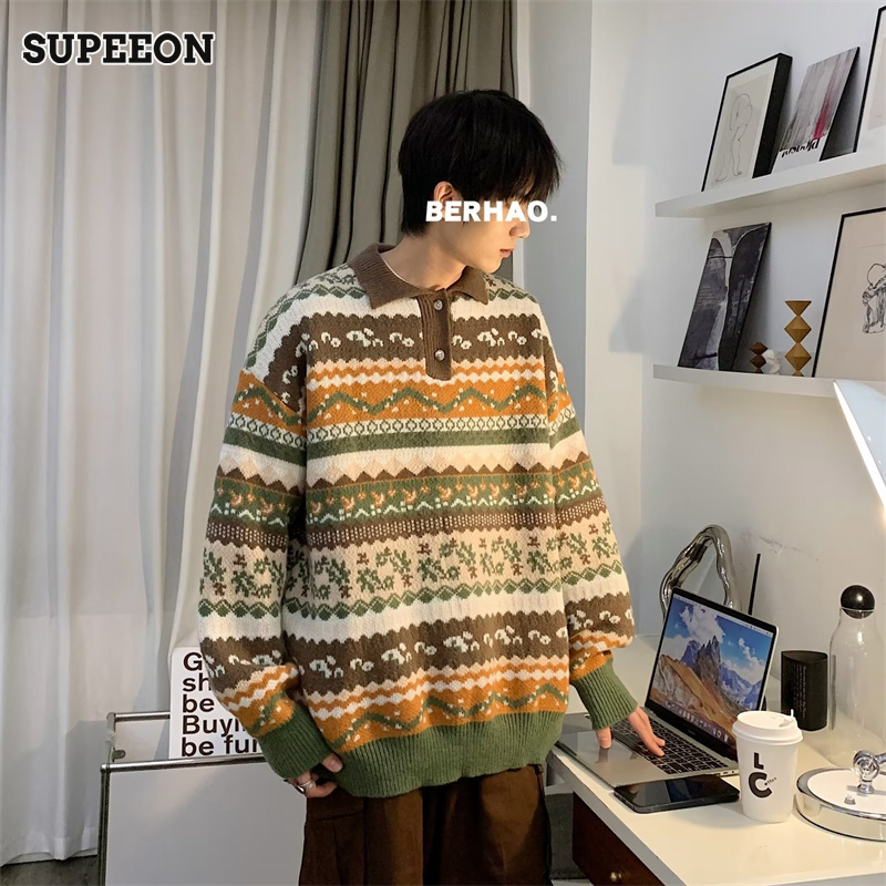 SUPEEON Men s pullover Polo collar thickened lazy sweater Retro patchwork