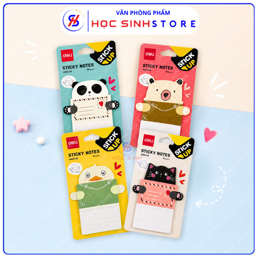 Giấy Ghi Chú A55202 Deli Hình Thú Dễ Thương, 1 Xấp 15 Tờ, Có Sẵn Dòng Kẻ Đánh Dấu Trang, Ghi Lời Nhắn