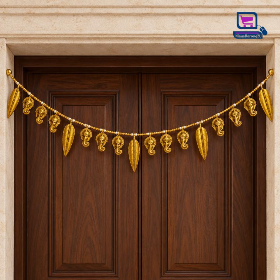 Ganesha Thoranam Door Hanging 95cm MT23 – Gold-Tone Leaves & Beads for Pooja Room Temple Home Entrance & Deepavali Decor