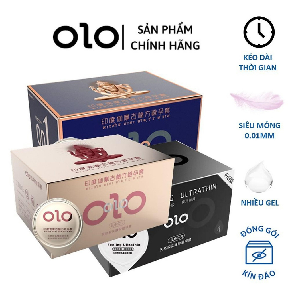Bao cao su olo siêu mỏng 001, bcs gân gai kéo dài thời gian qh, nhiều gel bôi trơn - hộp 10 bcs