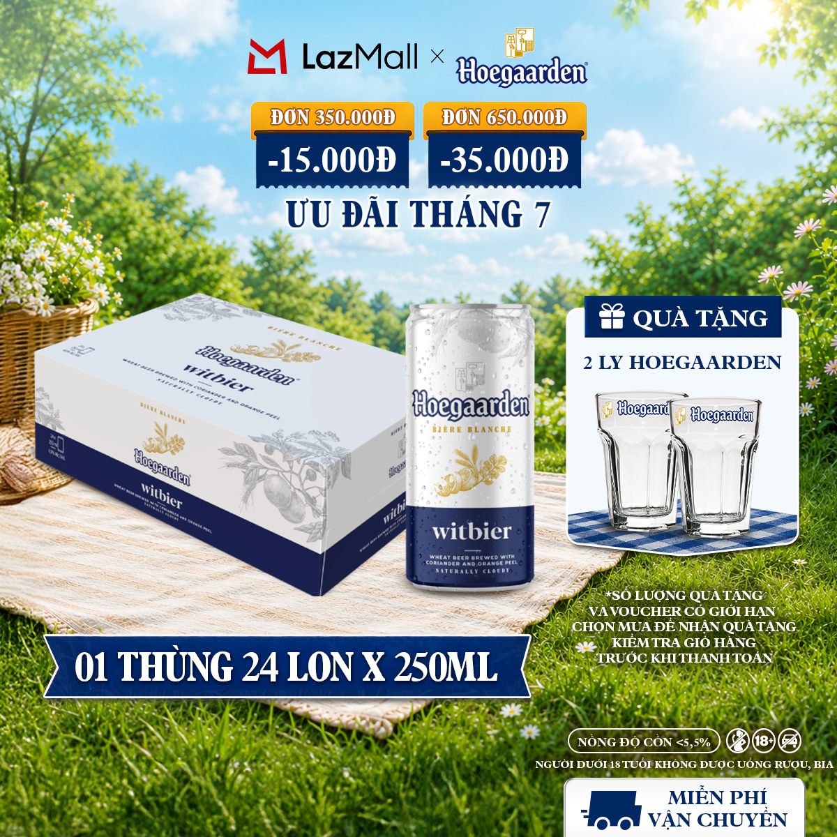 Thùng 24 Lon Bia Hoegaarden White - Bia Bỉ Chính Hiệu Lúa Mỳ (250ml/lon)