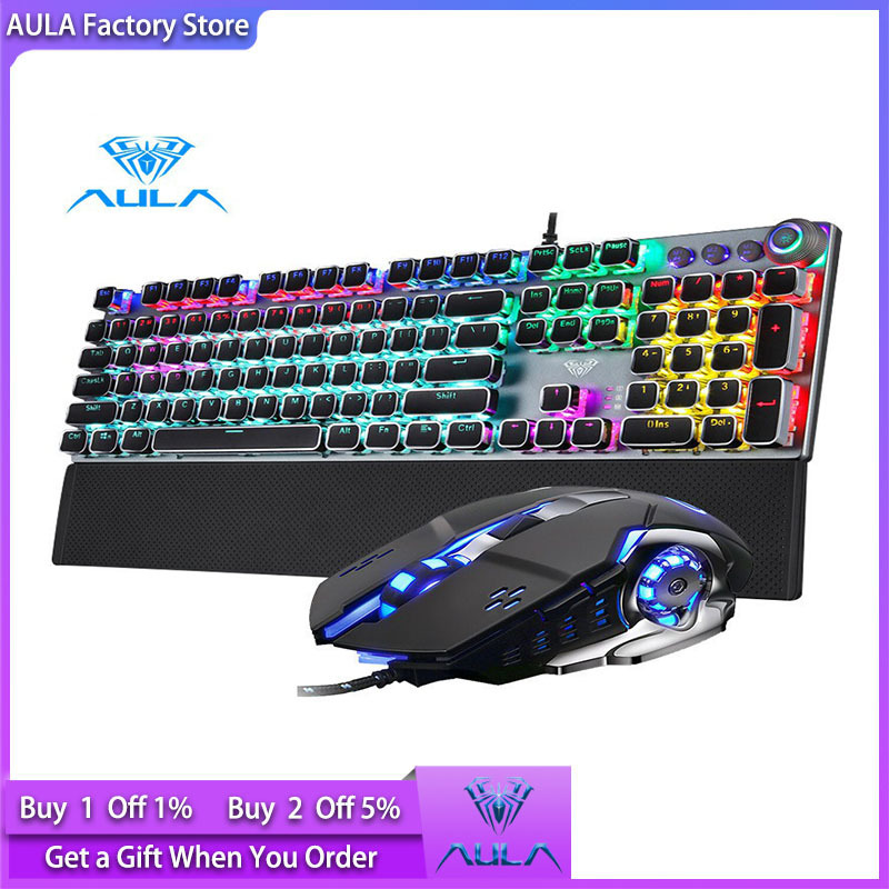 AULA Factory Store Mechanical Gaming Keyboard and Mouse Combination Black/Blue PC Laptop Gaming Switch (F2088+S20) Singapore