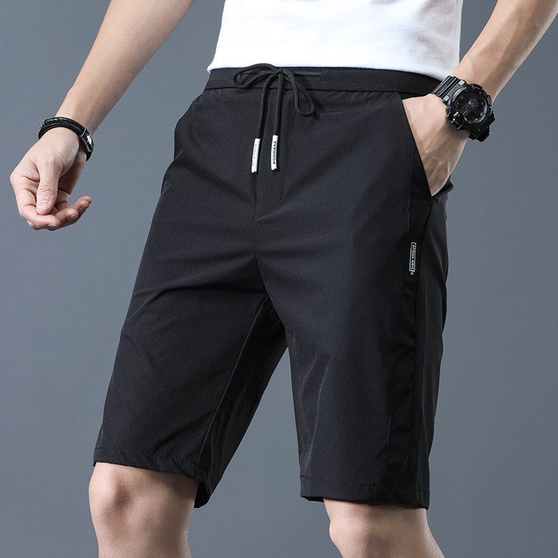 5/4 quần cho nam + quần short + Lụa băng độ co giãn cao phong cách thanh mảnh 5/4 quần cho nam rộng buộc lại thời trang màu trơn