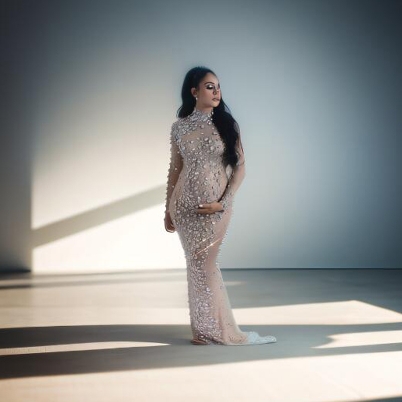 [txma] Maternity Clothes Plus Size Women's Dresses Shinny Crystal Mesh Baby Shower Elegent Luxury