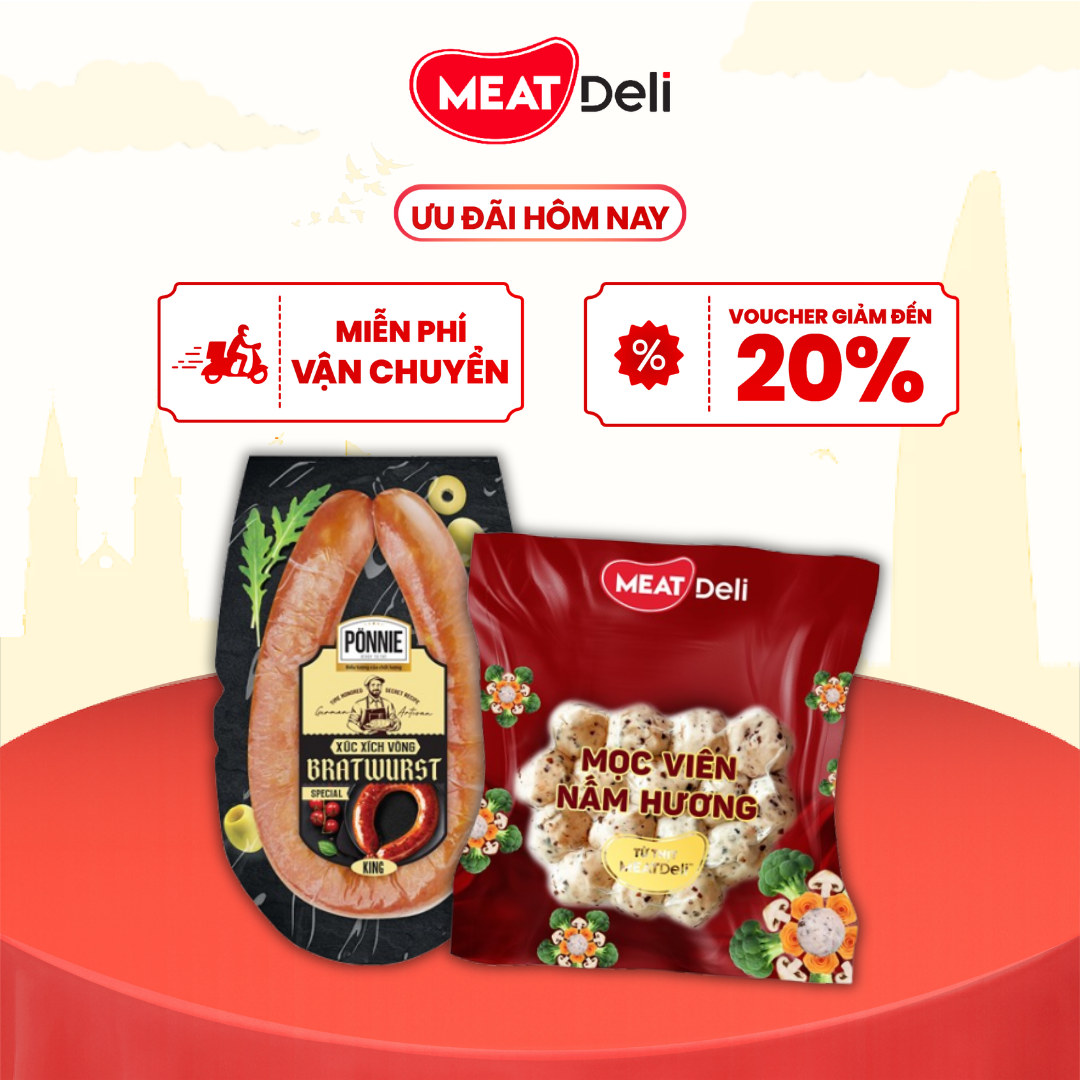[GIAO HÀNG HCM] Combo Nhanh Gọn – Xúc xích Ponnie xông khói 200gr + Mọc viên MEATDeli nấm hương 250gr