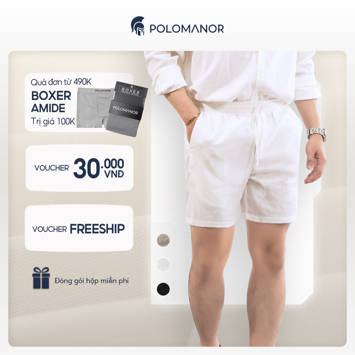 Quần short linen POLOMANOR chất đũi cao cấp, mềm mại, lưng thun, thoải mái mặc mùa hè
