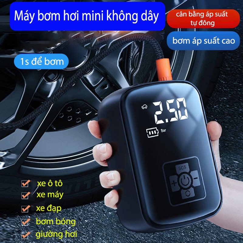 2023Máy Bơm Hơi Lốp Ô Tô Xe Máy Điện Tử Không Dây Công Suất Cao 100W Al Tự Động Ngắt Khi ĐầyKiêm Sạc Dự Phòng Điện Thoại
