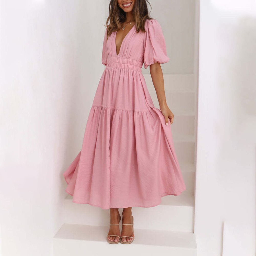 Hot kỳ nghỉ Đầm nữ tay áo phồng Đảng smocked eo v-cổ kỳ nghỉ miễn phí vận chuyển