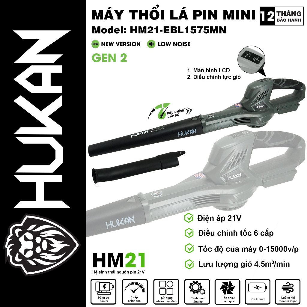Thân máy thổi lá mini 2 chiều pin hm21-ebl1575mn. lõi dây đồng 100%.6 cấp độ điều chính gió 15000 vòng/phút