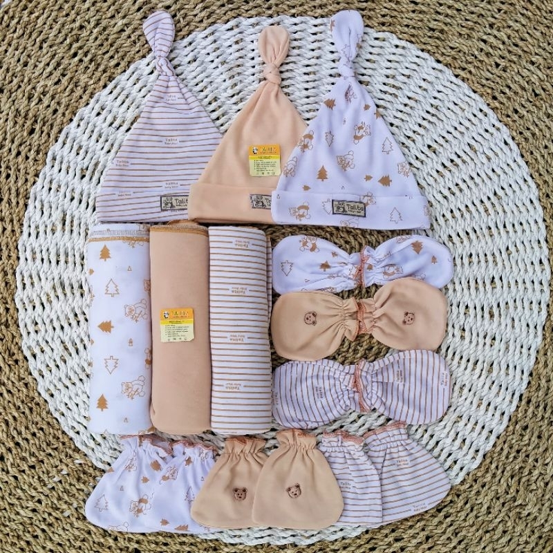 Paket Hemat Seri Coklat 12 Pcs Bedong Set Topi Sarung Tangan Kaki Bayi Baru Lahir