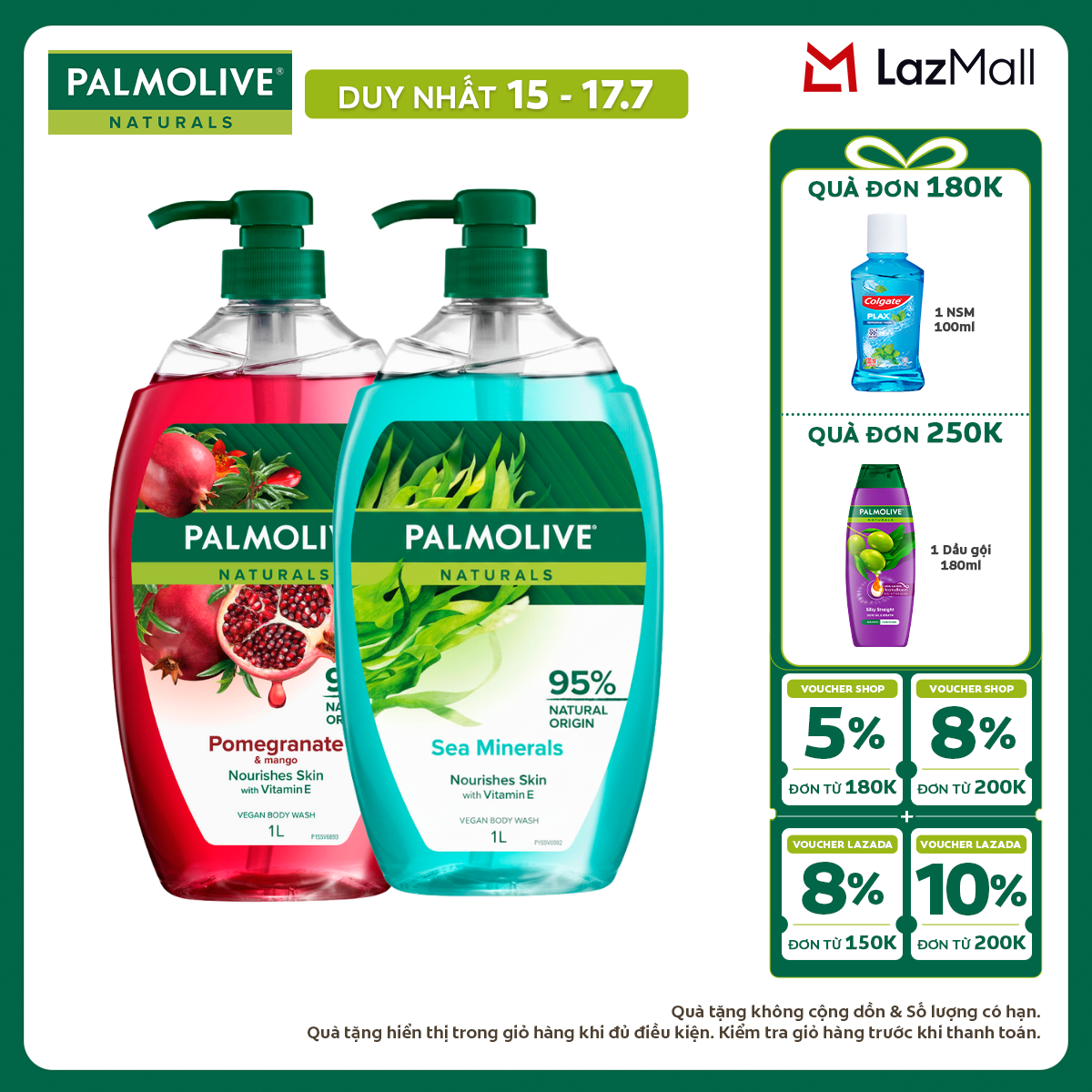 [Chỉ 15-17.7_X2 Voucher giảm đến 18%] Bộ 2 Sữa tắm Palmolive dạng gel chiết xuất Lựu  Xoài và Muối biển cho da mềm mịn, thơm sảng khoái 1L