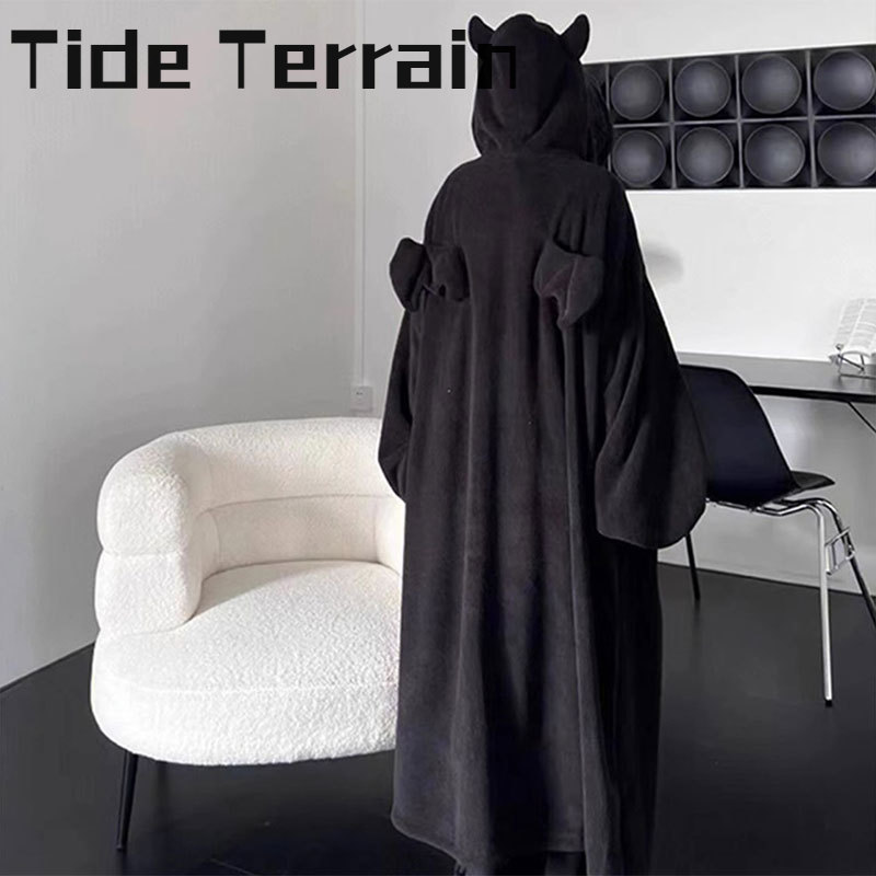 Little Devil hooded coral fleece pajamas for men and women winter new warm black brown housewear dressing gown ราคา 442 บาท*ส่งฟรี