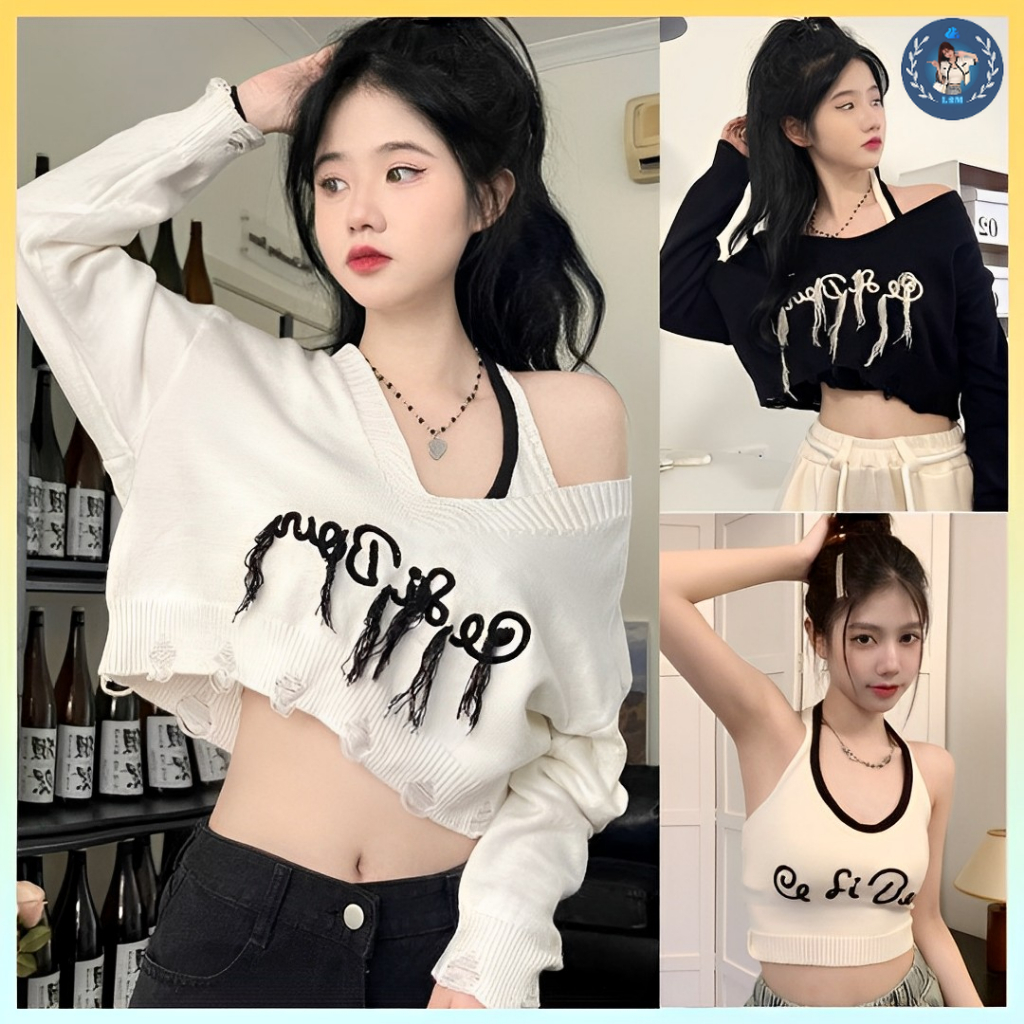 💥[A194] Set (2 MÓN) áo len thun Montoghi CỔ V TUA RUA tay dài kèm áo YẾM Cardigan dệt kim xinh - L2M