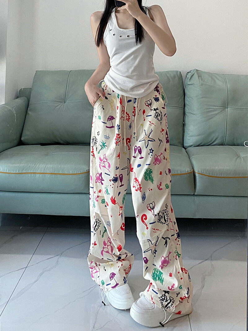 Sezo Hàn Quốc cao Eo Lỏng phù hợp vui vẻ in Casual rộng chân quần cho woman818