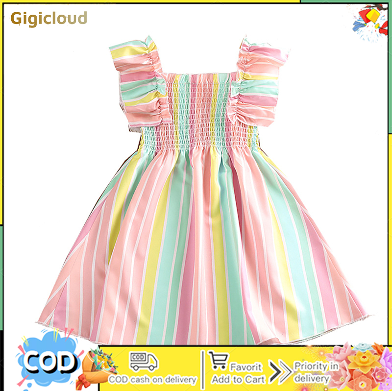 Toddler Girls Summer Dress Color Striped Princess Sundress Casual Beach Holiday Ruffle Sleeveless Dress ราคา 217 บาท*ส่งฟรี