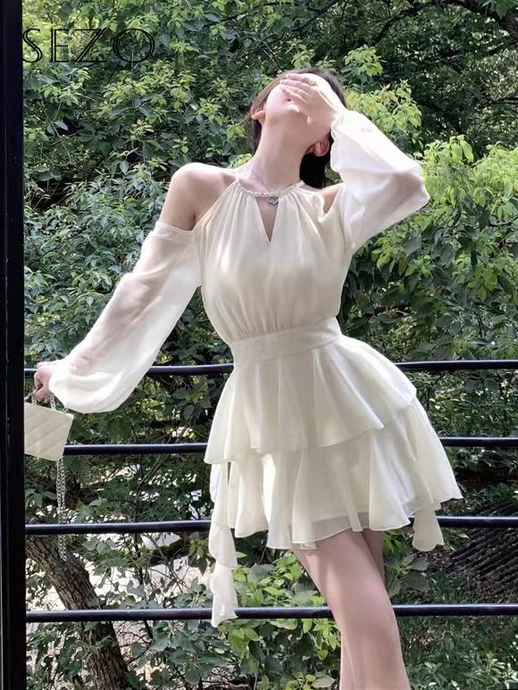 SEZO Korean Women s Clothing Y2k Fashion Apricot Ruffle Edge Off Shoulder