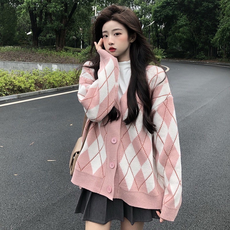 Áo khoác len Cardigan lông thỏ dáng rộng hoạ tiết kim cương phong cách thời trang Hàn Quốc cho nữ - Áo Cardigan AKL106