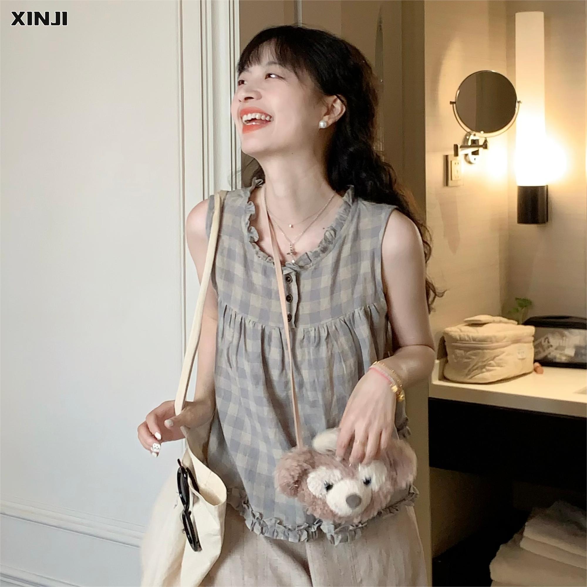 Xinji Nhật Bản phong cách nhẹ nhàng Áo sơ mi sát nách trẻ em mùa hè áo ngắn áo búp bê ngọt ngào của phụ nữ