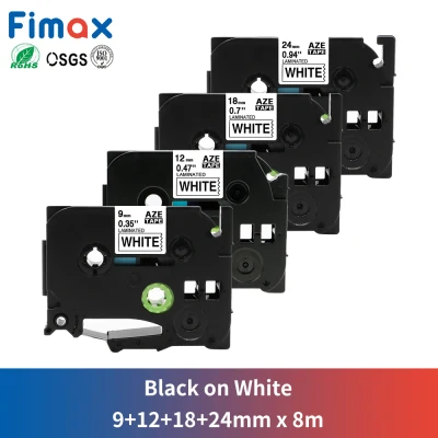Fimax 4pcs 9+12+18+24mm Black on White Compatible TZe Label Tape for Brother P touch Label Maker Printer Labeller PTD600／PTD600VP／PTE500／PTE500VP／PTE550W／PTE550WVP