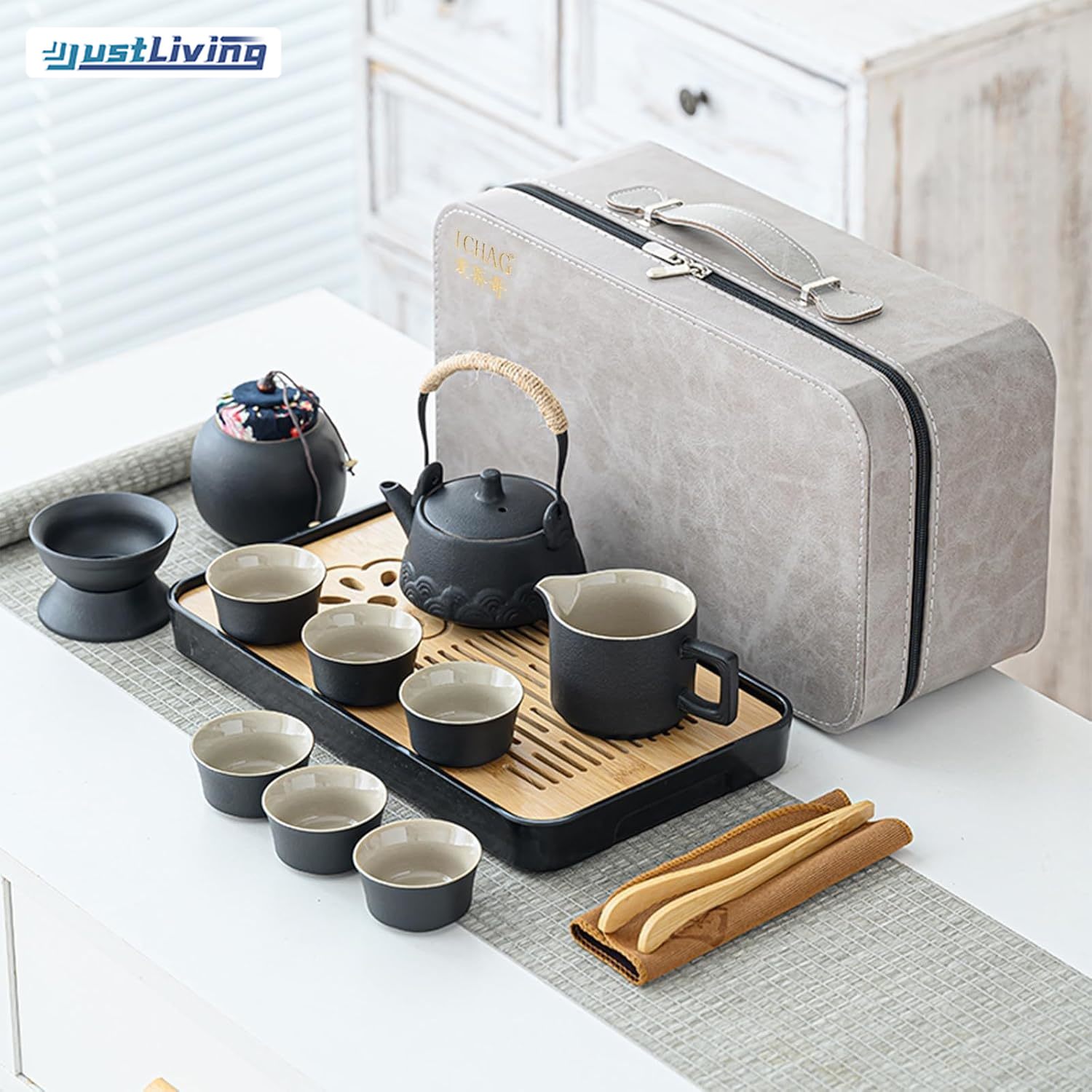 JustLiving Japanese Tea Set, Chinese Tea Set, Tea Sets for Adults, Gongfu Tea Set, Portable Ceramic Tea Set, 12-Piece Porcelain Tea Set Withgrey Leather Case, Asian Tea Set for Home, Outdoor, Business ราคา 1,359 บาท*ส่งฟรี
