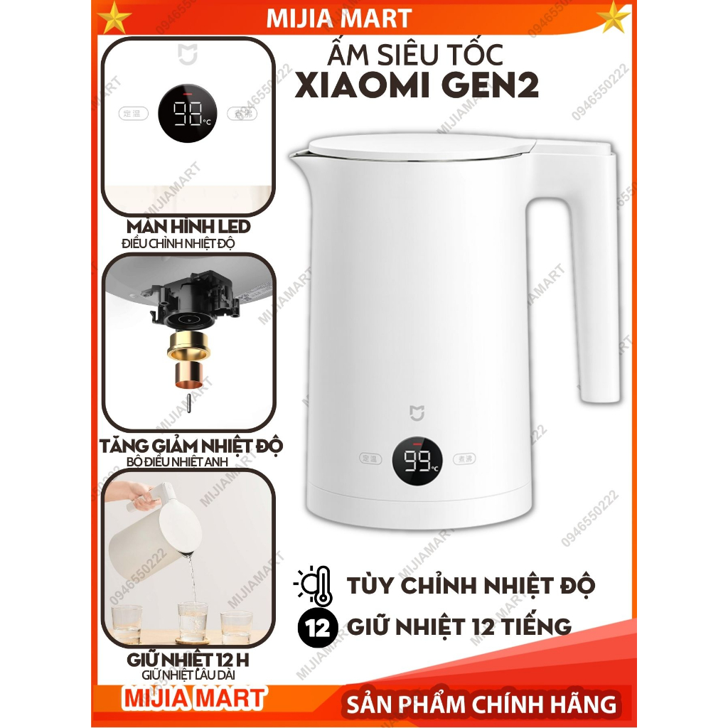 Ấm siêu tốc thông minh Xiaomi Mijia gen 2 có màn hình LED chỉnh nhiệt độ.