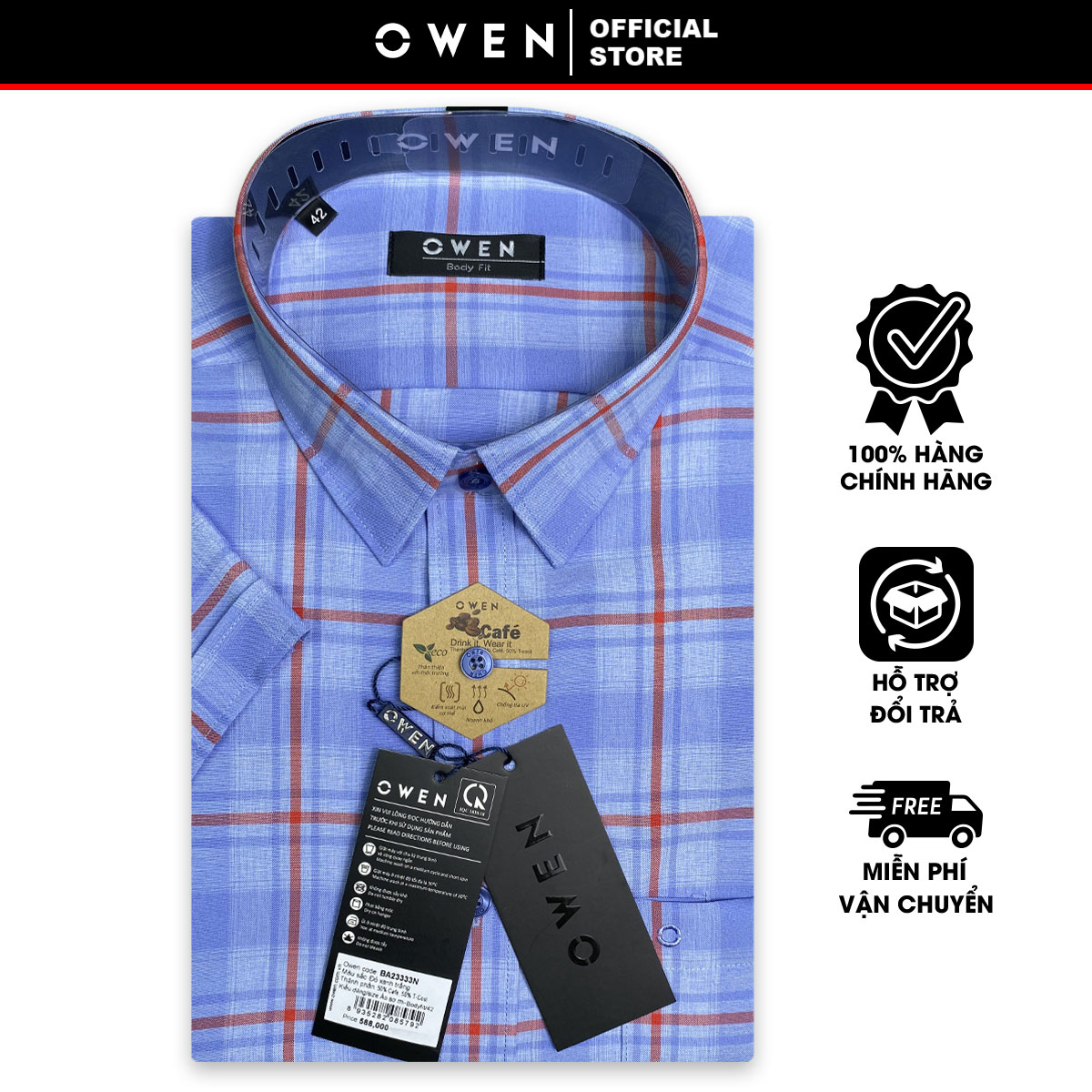 OWEN SALE - Áo Sơ Mi Owen Tay Ngắn Màu Xanh Dương - Đỏ  Họa Tiết Caro Form Body Fit Lai Ngang Chính 