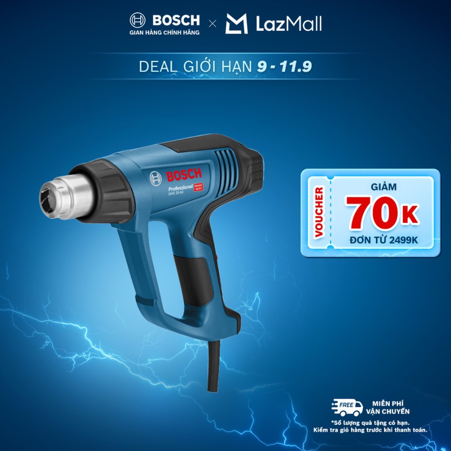Súng thổi hơi nóng Bosch GHG 20-63 Professional - Công suất 2000W, Điều chỉnh nhiệt độ liên tục từ 50°C đến 630°C