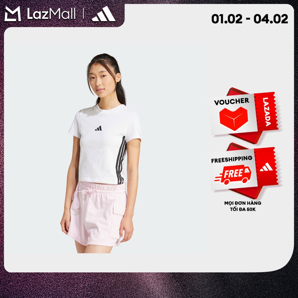 adidas Phong cách sống Áo Baby Tee Dáng Ôm 3 Sọc Essentials Nữ trắng JE1239