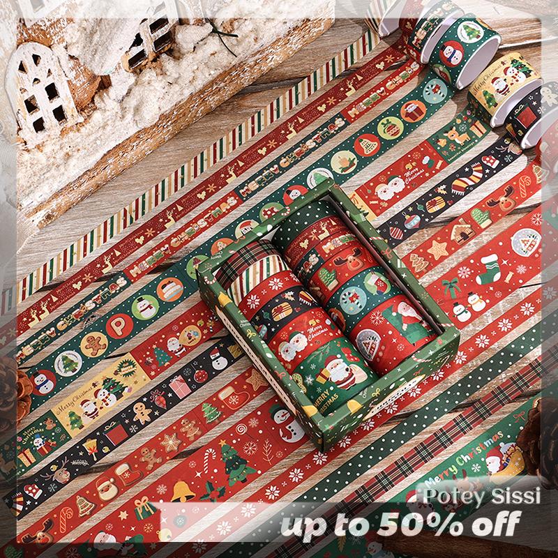 Potey 6 12 Cuộn Giáng Sinh Washi Băng Đặt Xmas Trang Trí Scrapbooking Santa Claus Băng Trang Trí Masking Dính Băng