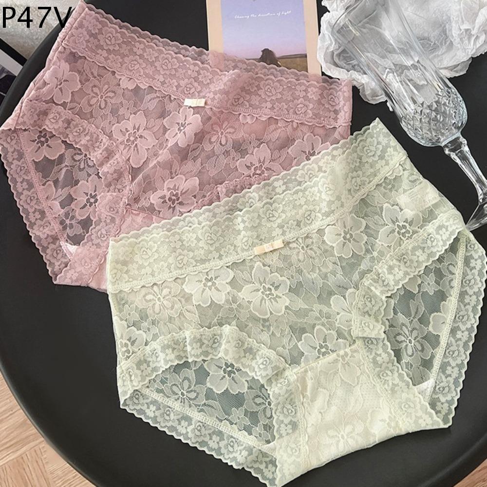 P47V Đũng quần cotton Quần lót ren hoa Cạp vừa Trong suốt Quần lót nữ Thời trang Siêu mỏng Quần lót lưới không đường may Bé gái