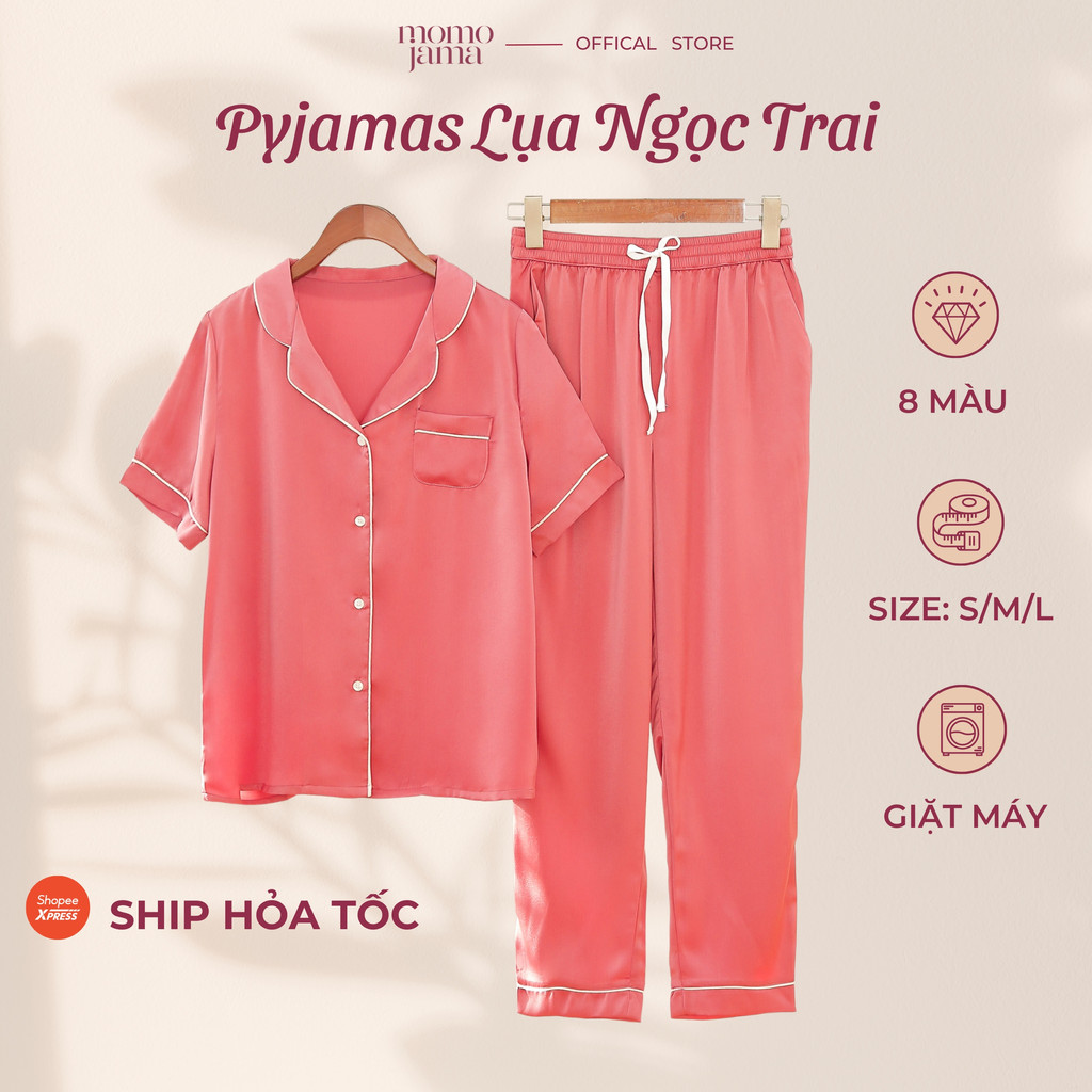 Bộ đồ ngủ mặc nhà MOMOJAMA pijama ngắn tay quần dài chất lụa thoáng mát, mềm mại cao cấp thanh lịch M1785