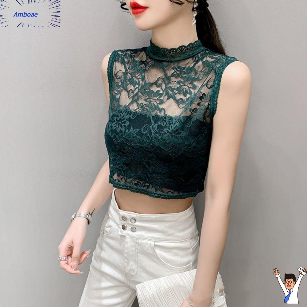 AMBOAE Thời trang Áo cánh lửng ren khoét lỗ Ngắn Sợi lưới Cổ Lọ ren Cổ áo thanh lịch Cổ áo giả