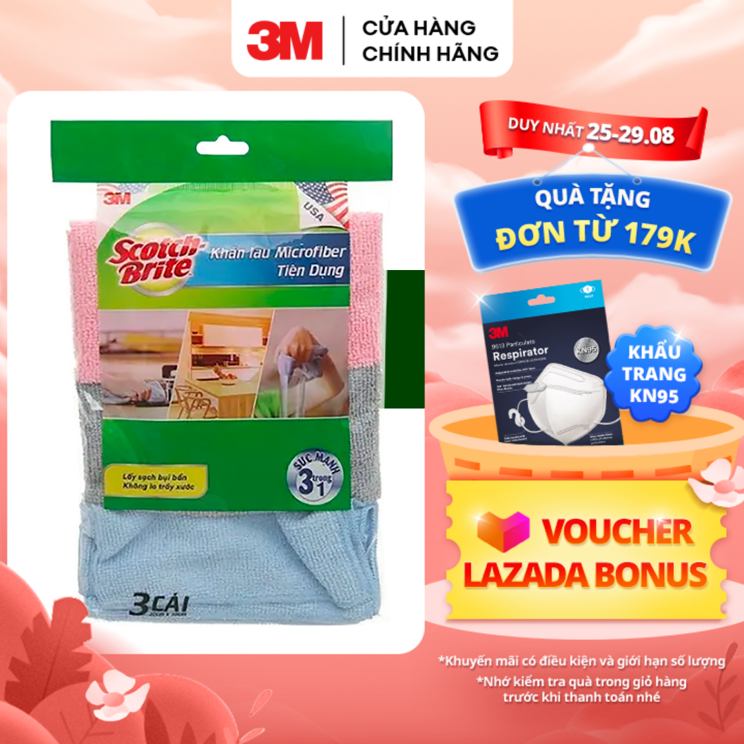 Combo 3 Khăn lau đa năng 3M™ Scotch-Brite®, không để lại bụi, 30x30cm, Giúp lau chùi nhanh và sạch trên nhiều bề mặt