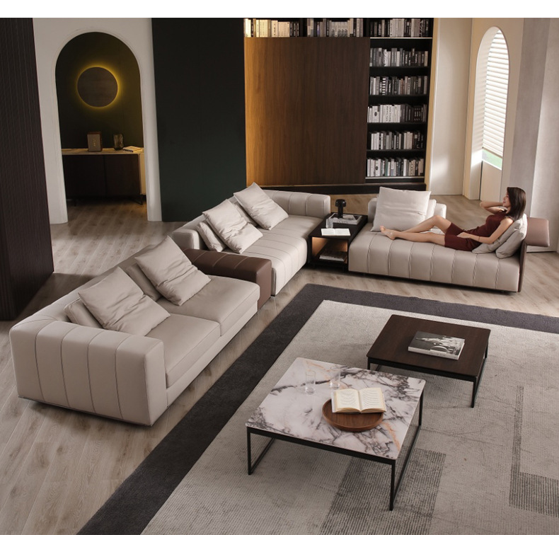 Sofá italiano minimalista de piel, teclas de piano, moderno, minimalista, nórdico, arte en piel, villa italiana, muebles de sala de estar de lujo y luminosos