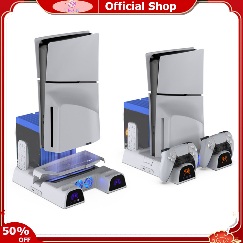 TEQIN toy new Game Console Cooling Stand With Dual Controller Charger Station Remote Control Groove Game Slots Compatible For PS5 Slim Console ราคา 767 บาท*ส่งฟรี