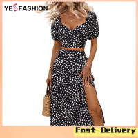 Yesfashion Womens Short Sleeve Dresses Sets Trendy V Neck Polka Dot Skirts Casual Summer Split Beach Two Piece Skirts Sets