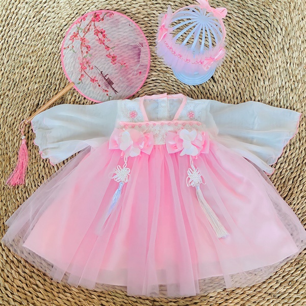 Đầm hanbok Hồng 2 nơ cho bé gái (4-16kg)