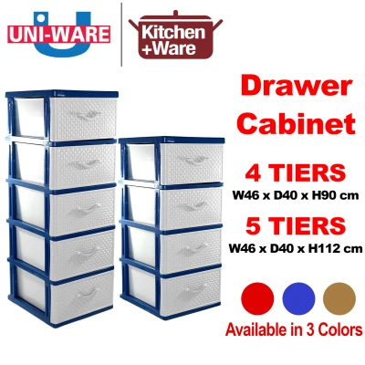 [Free Delivery] UNI-WARE Drawer Cabinet Set of 4 Tier / 5 Tier / home laundry room office storage organizer stocker container / Blue / Red / Brown / Made in Thailand