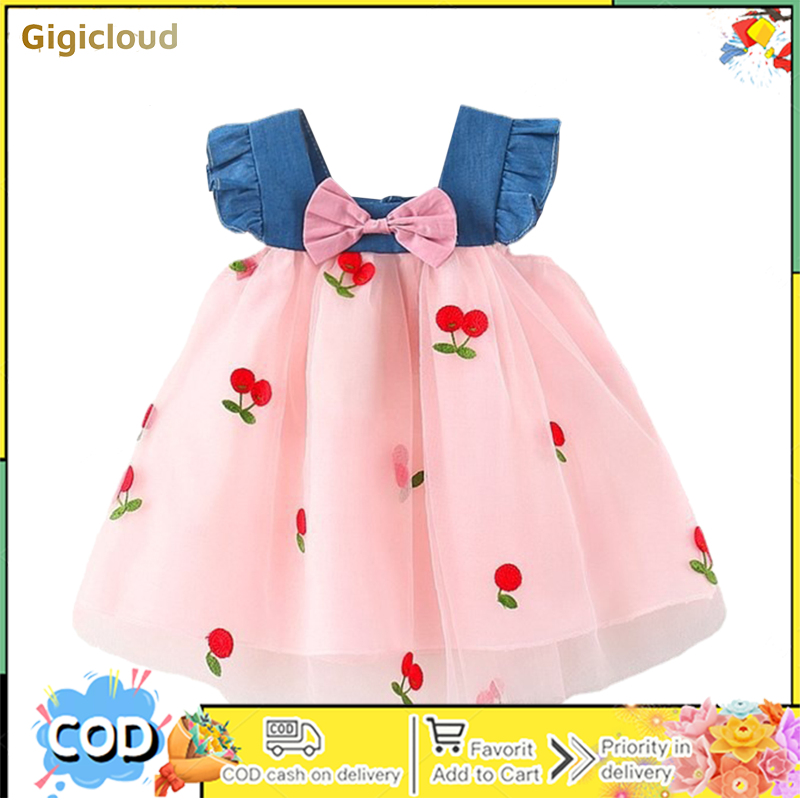 Girls Party Dress Cherry Embroidered Mesh Patchwork Denim Princess Sundress With Bowknot For Party Birthday ราคา 205 บาท*ส่งฟรี