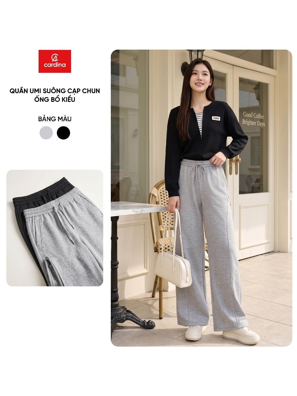 Quần dài nữ CARDINA chất liệu umi dáng suông cạp chun ống bổ kiểu 6QDT32