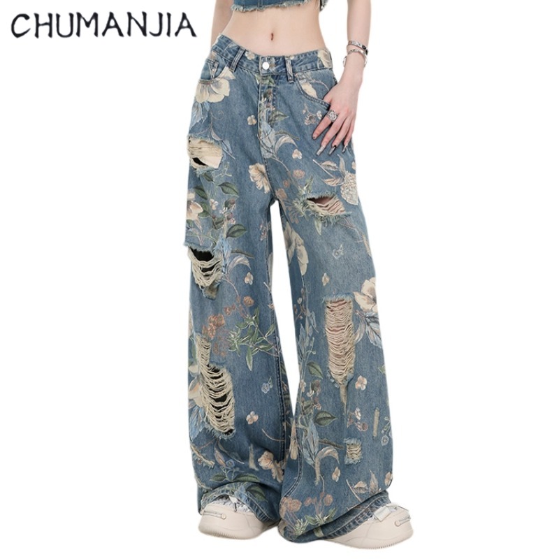  CHU MAN JIA  Người Đàn Ông Jia kích thước lớn Mỹ Retro In Quần Jean Rách Cho Phụ Nữ Thiết Kế eo cao quần ống đứng rộng Hợp Thời Trang 