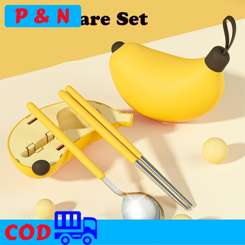 P&N 304 thép không gỉ Đũa Muỗng Kit di động gấp Bộ đồ ăn đặt Dễ Thương chuối hộp lưu trữ cho du lịch văn phòng sinh viên Quà Tặng