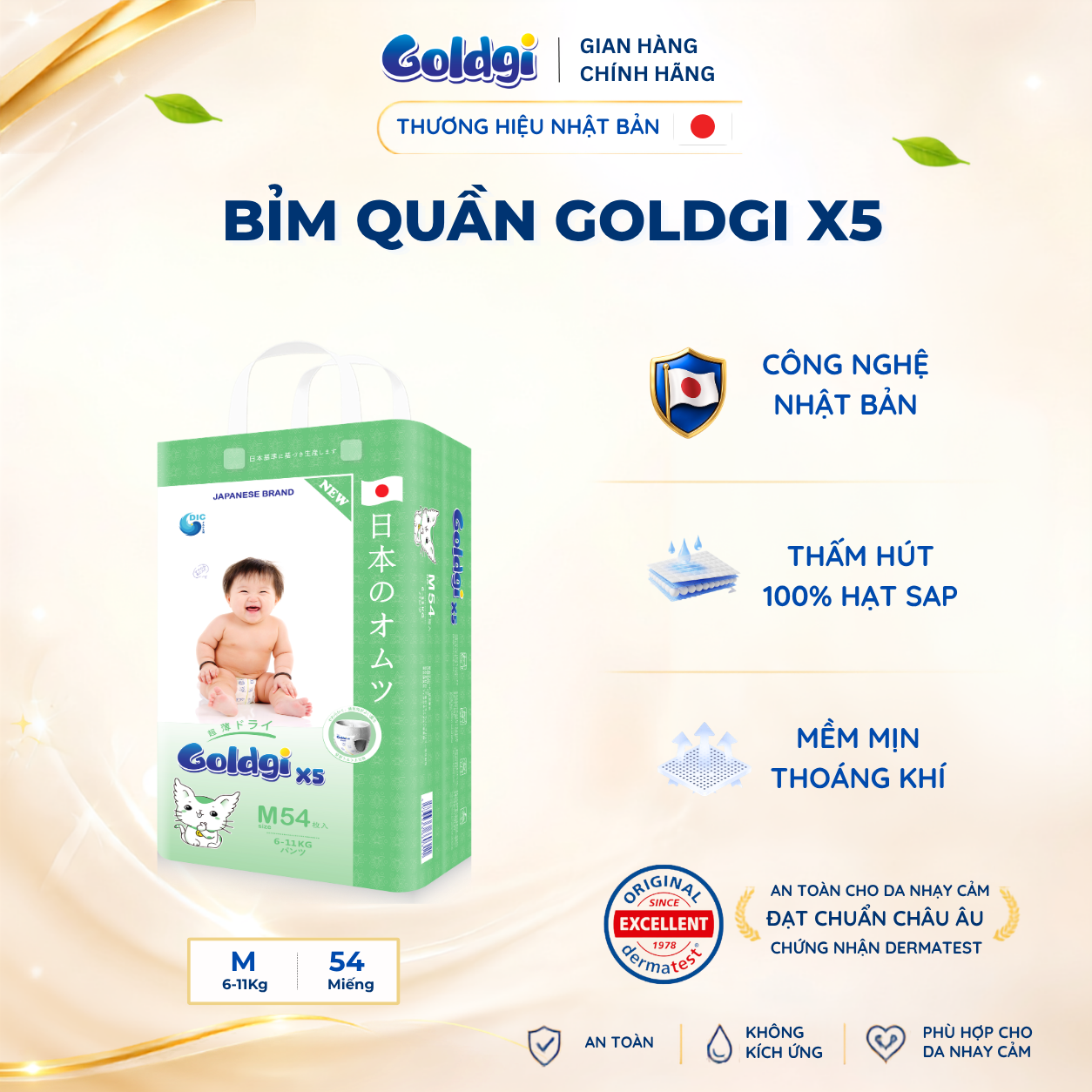 Bỉm quần Goldgi X5 cải tiến mới siêu mỏng nhẹ nhàng lưng thun co giãn tốt đủ size