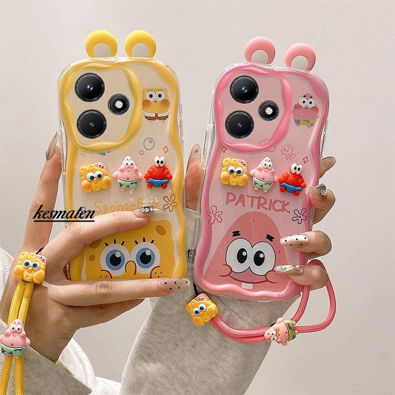 Wave Edge Silicone Case For Xiaomi Redmi 13 4G 2404ARN45A 24040RN64Y Phone Case 3D Cute Cartoon SpongeBob Patrick Star Jingle Cat Anti-Drop Back Shell With Lanyard