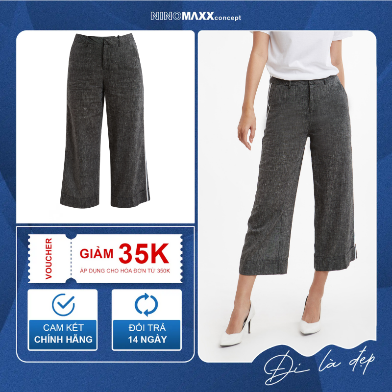 NINOMAXX Quần Tây nữ lửng ống rộng suông màu đen khói vải lanh 1906042