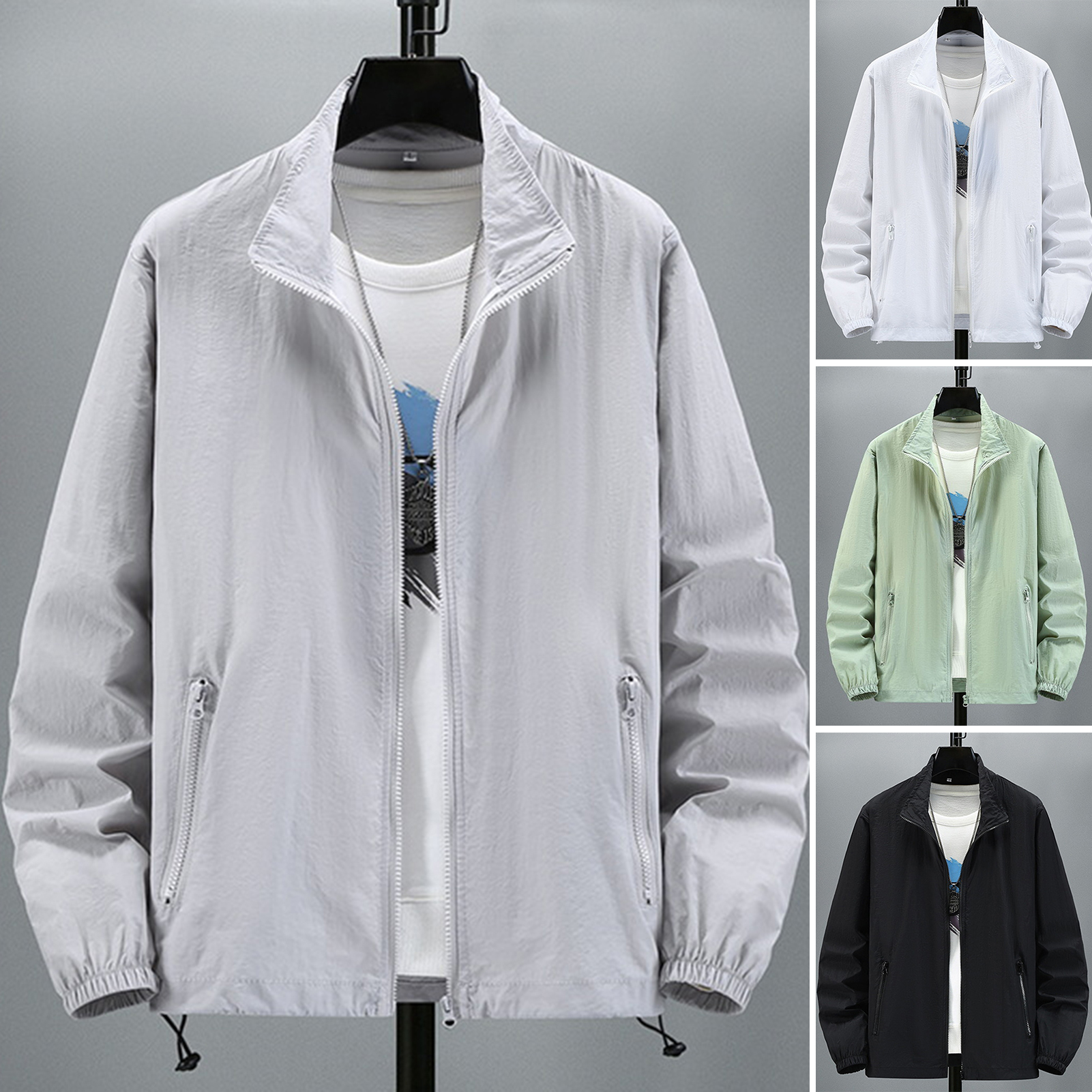 GMBI Men Outdoor Jacket Long Sleeves Sun Protection Breathable Solid Color Zipper Closure Anti-UV Ultra-thin Plus Size Cycling Sports Sun Protection Coat Male Clothes Trendy Summer Sports