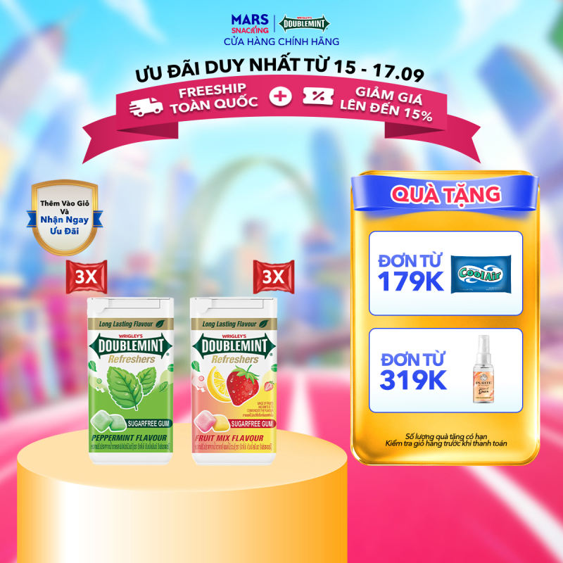 Combo 6 Hũ kẹo sing-gum không đường Doublemint Refreshers mix vị - 3 hũ hương trái cây và 3 hũ hương bạc hà