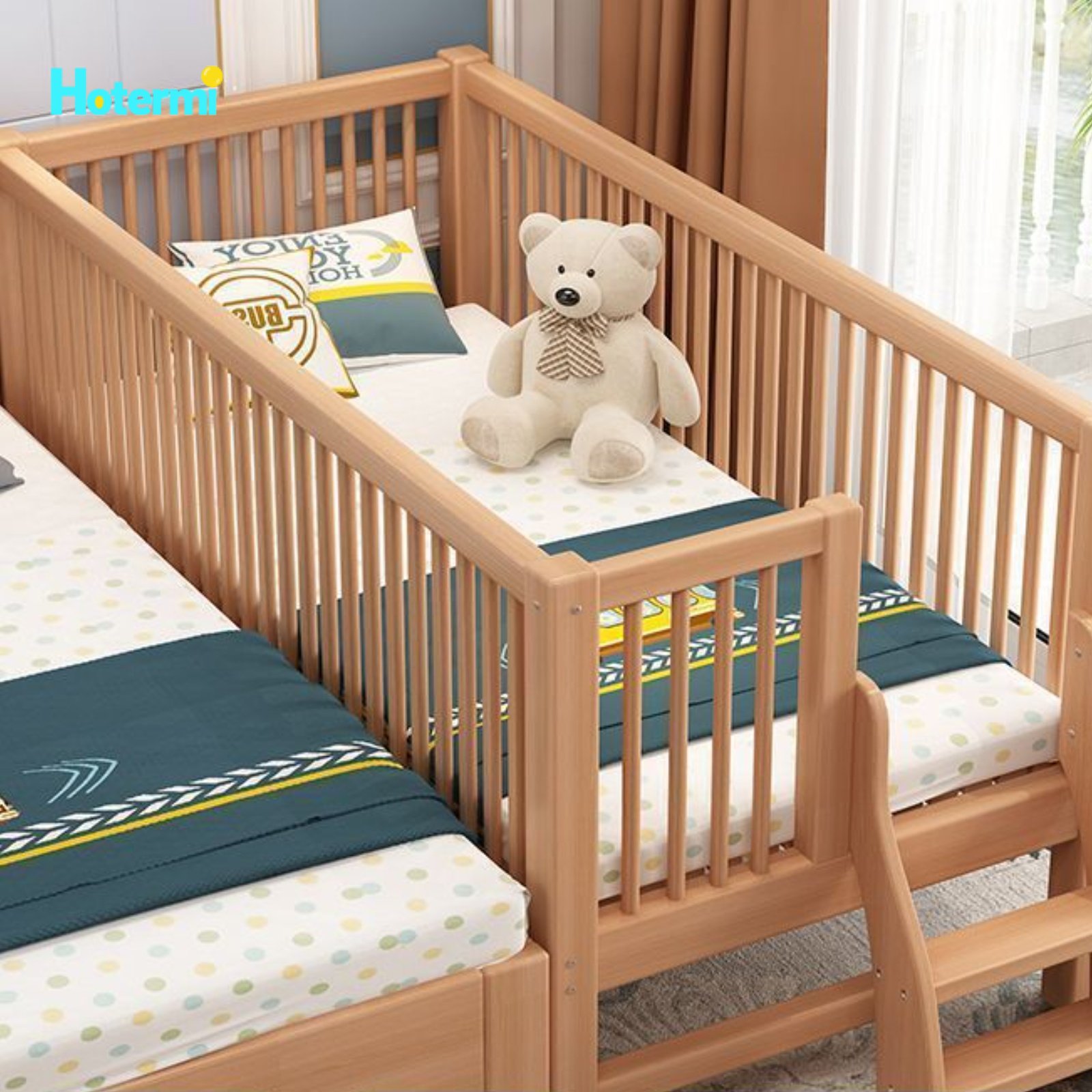footful Seamless Splicing Beech Wood children's Bed Rounded Corners Solid Wood Bed Extension Stable Structure Wooden Co-Sleeper Crib Formaldehyde-Safe for Infants, Toddlers, Parents, Bedroom, Home ราคา 13,531 บาท*ส่งฟรี
