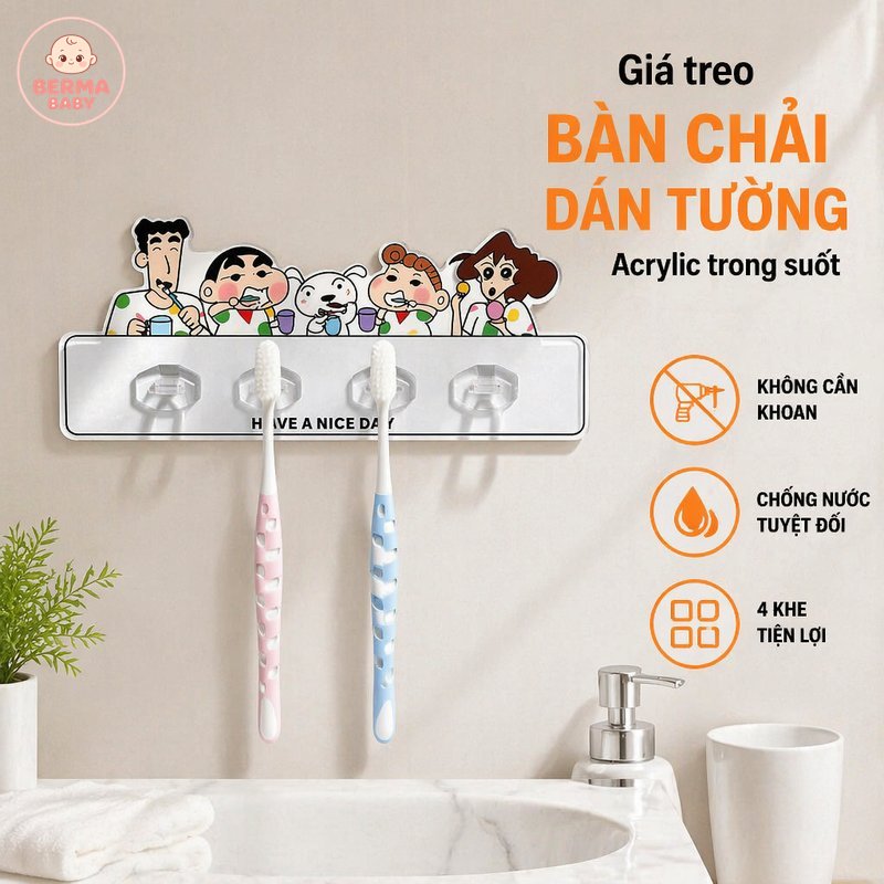 BERMA BABY Giá treo bàn chải đánh răng dán tường hình hoạt hình dễ thương chống nước gắn keo không khoan nhà tắm gọn gàng