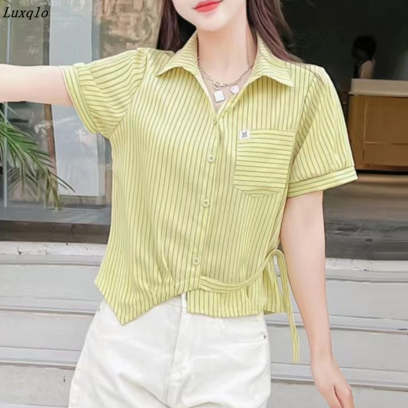 Luxqlo Stripe Shirt Women New Design Fashion Casual Blouse Summer Short Sleeve Korean Tops ราคา 231 บาท*ส่งฟรี